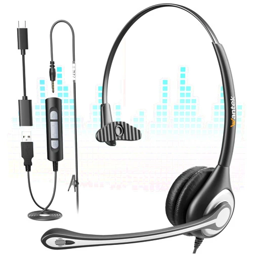 Wantek USB Headset with Microphone for PC,Laptop,3.5mm/USB/Type-C Jack 3-in-1 USB Headset with Noise Cancelling & Audio Controls,USB Headphones for Call Center,Work,Ofiice,Mono