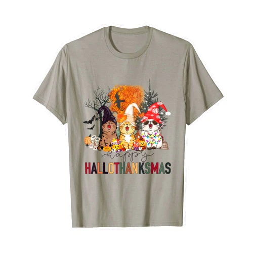 Happy Hallothanksmas Cute Cat Lover Gift Happy Hallothanksmas Cat Halloween Thanksgiving Christmas T-Shirt