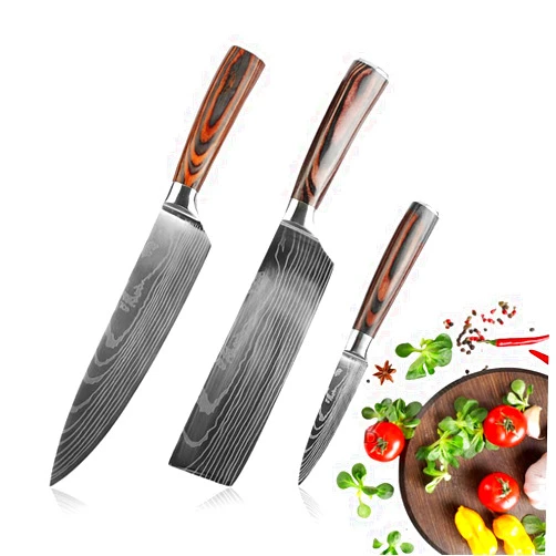 MEIFLOLU 3PCS Kitchen Knife Set, Professional Japanese Chef Knives with High Carbon Stainless Steel Ultra, Sharp Aikido Knives with Ergonomic Color Wooden Handle for Cooking Meat, Fruits, Vegetables.