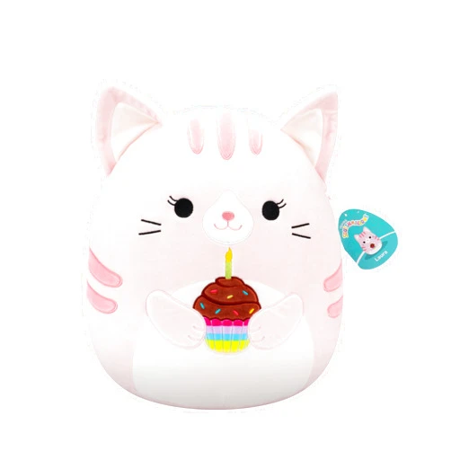 Squishmallows Original 14in Laura The Pink Tabby Cat Holding Birthday Cupcake – Official Jazwares Plush (Large)