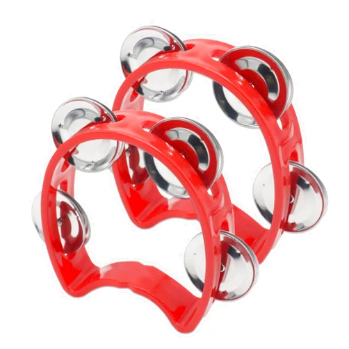 Cheerock Pack of 2 Plastic Percussion Handheld Tambourines with 4 Jingle Bells, Red Mini Hand Bell Percussion, Musical Rhythm Instruments for Kids, Adults, School and Party