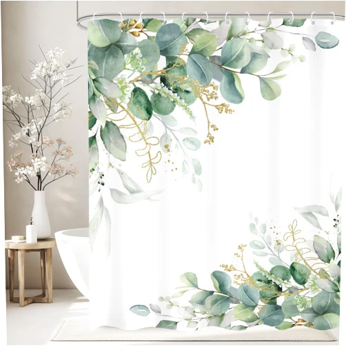 Omifly Eucalyptus Leaf Shower Curtain 60Wx72H Inch Rustic Sage Green Gold Leaves Watercolor Plant Botanical Farmhouse Flower Nature with 12 Plastic Hooks Fabric Waterproof Toilet Accessories Decor