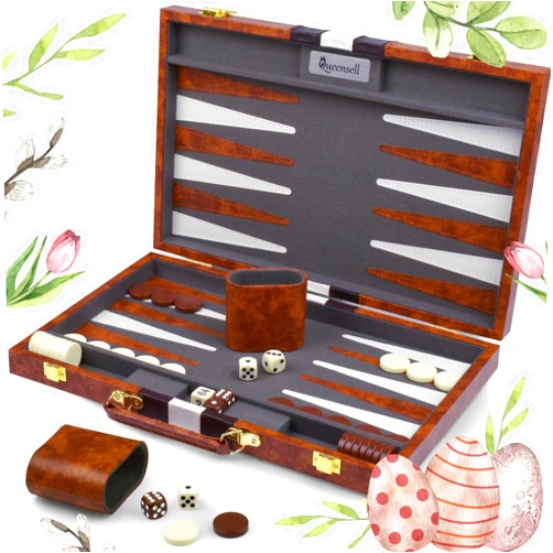 Queensell Large Backgammon Sets for Adults - Classic Board Games for 2 Players Adults and Kids - Premium Backgammon Set 15 inch Board and 32 Backgammon Pieces in Quality PU Leather Case - Gift for Man