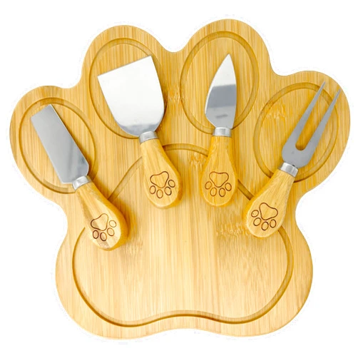 Pet Fit For Life - Paw Shaped Natural Bamboo Charcuterie Board - Wood Cutting Board/Cheese Board Set with 4 Matching Spreaders - Unique Gift Set For Any Occasion