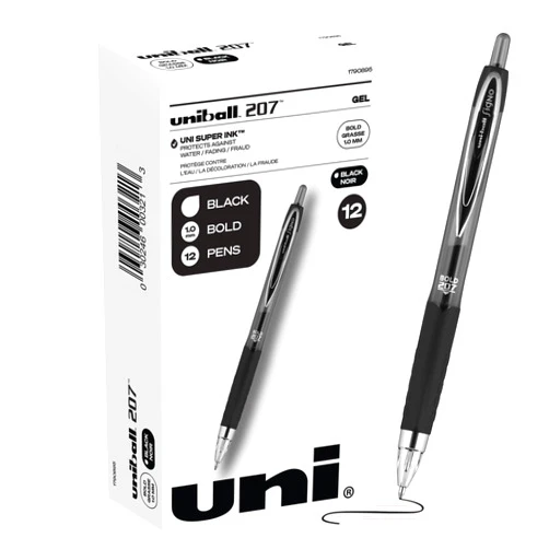 Uni-Ball 207 Gel Pen 12 Pack - 1.0mm Bold Black Pens, Gel Ink School Pens - School Supplies, Teacher Pens, Journaling Pens - Back to School