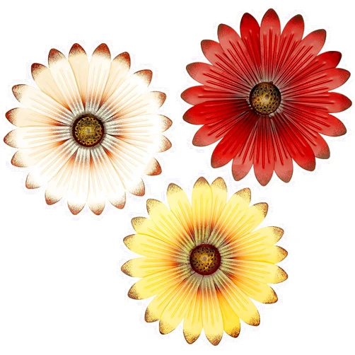 KNL Store Set of 3 Cream Red Yellow Metal Flower Wall Art Garden Whimsical Spring Flowerpot Decor