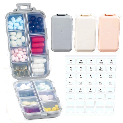 LANDNEOO 3 Pack, 14 GRIDS Travel Pill Organizer Box with Labels - Travel Medicine Case Kit - Pocket Daily Pharmacy Container - Travel Medication Holder Dispenser for Fish Oil Vitamin Supplement Storage
