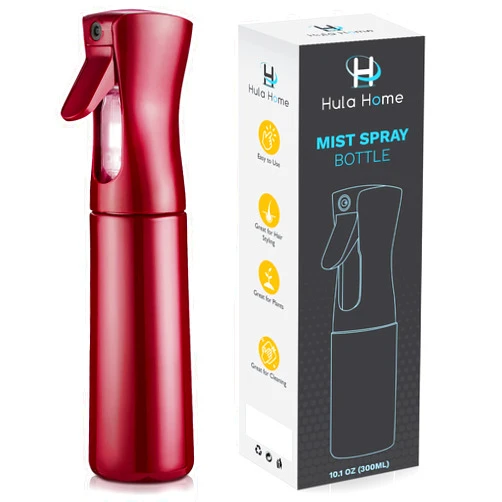 Hula Home Continuous Spray Bottle for Hair (10.1oz/300ml) Empty Ultra Fine Plastic Water Mist Sprayer – For Hairstyling, Cleaning, Salons, Plants, Essential Oil Scents & More - Red