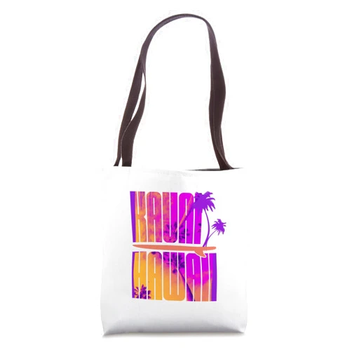 TSK Hawaii Vacation Souvenirs Kauai Hawaii Sunset Palm Trees Island Purple Orange Vacation Tote Bag