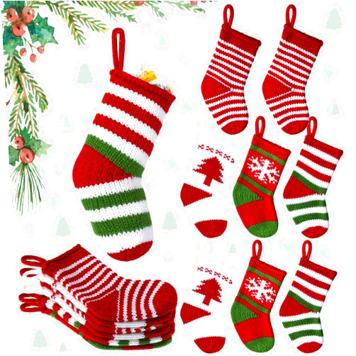 Yinder 8 Pcs Mini Christmas Stockings 2 x 5 Knit Stocking Small Xmas Baby Christmas Hanging Stocking Stripe Snowflake Pine Tree Xmas Tiny Stocking Set for Christmas Tree Gift Ornaments Decor