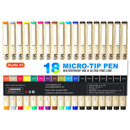 Shuttle Art 18-Pack Micro-line Pens - 11 Waterproof Archival Ink Colors in 0.3MM Felt Tip & 7 Blacks in 0.15-0.5MM For Journaling, Illustrating & Drawing