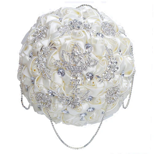 Gkvszy Ivory Wedding Bridal Bouquet with Bling Brooch Rhinestone String Cascade Bouquet for Bride Bridesmaid Quinceanera Satin Rose Flower Bouquet Wedding Ivory 8.3in