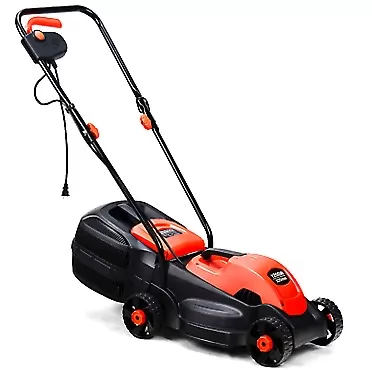 HAPPYGRILL Lawn Mower 14-Inch 12 Amp Electric Lawn Mower, Handle Push Corded Lawn Mower with Grass Bag Red