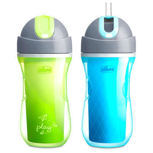 Chicco Double-Wall Insulated Flip-Top Sippy Cup with Silicone Straw and Spill-Free Lid 9oz.| Top-Rack Dishwasher Safe | Easy to Hold with Ergonomic Indents | Green Play/Teal, 2pk | 12+ months