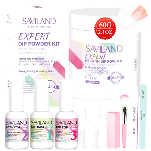 SAVILAND Clear Dip Powder Nail Kit Starter: 60g 2.1oz Dip Powder for Nails with Dipping Powder Liquid Set Dip Base Activator and Top Coat Professional Dip Nail Kit Repair for French Manicure Nail Art
