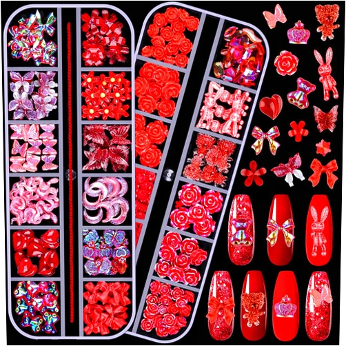Sinyanail 3D Resin Nail Charms Butterfly Bear Rose Flower Bow Snake Rabbit Animal Shaped Hollow Star Heart Pearls Jewelry with Nail Chain Special Shaped Nail Rhinestones for Nail Art(Red)
