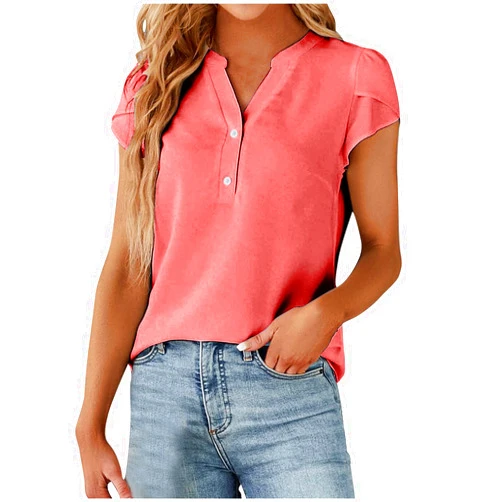 Generic Summer Shirts for Women Petal Sleeve Dressy Tops V Neck Dressy Blouses Henley Tshirts Cute Casual Tees Comfy Tunics