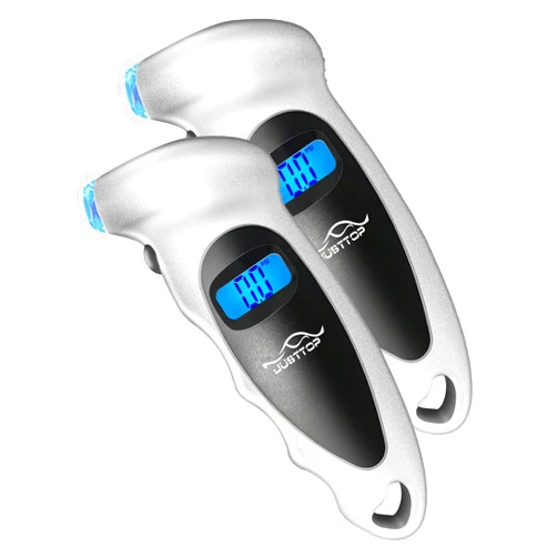 JUSTTOP 2 Pack Digital Tire Pressure Gauge, 150PSI 4 Setting for Cars, Trucks and Bicycles, Backlit LCD and Anti-Skid Grip for Easy and Accurate Reading(Silver)