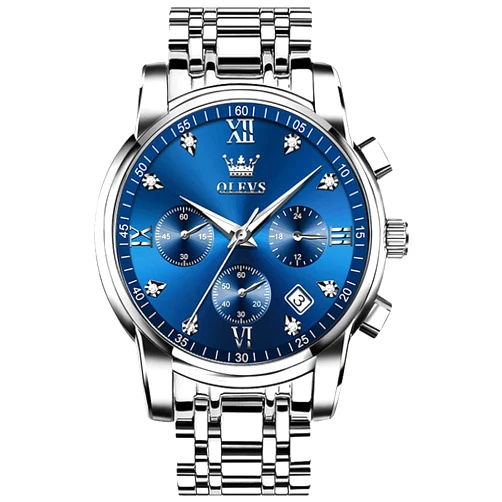 OLEVS Men's Stainless Steel Chronograph Watch, Big Face Gold Silver Black Tone Easy to Read Analog Quartz Watch, Luxury Waterproof Date Diamond Roman Arabic Numerals Dial Dress Watch for Men