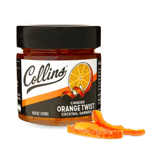 Collins Chicago Collins Candied Fruit Orange Peel Twist in Syrup - Popular Cocktail Garnish for Skinny Margarita, Martini, Mojito, Old Fashioned Drinks, Peel for Baking, 10oz