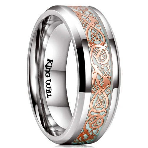 King Will DRAGON Mens Celtic Dragon Titanium Stainless Steel Ring Blue/Black/Green/Red Carbon Fibre Luminou Glow Celtic Dragon Titanium Stainless Steel Ring 7mm 8mm 9mm Zircon Polished Beveled Edge and Black Plated Wedding Band mens