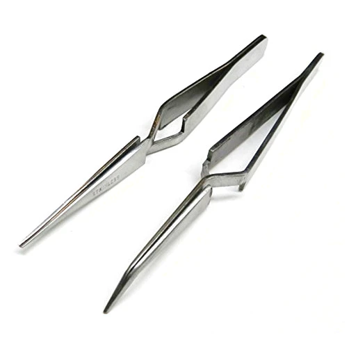 JTS Cross Lock Tweezer Set Of 2 Bent & Straight Self Closing Holding Tweezers S.S.