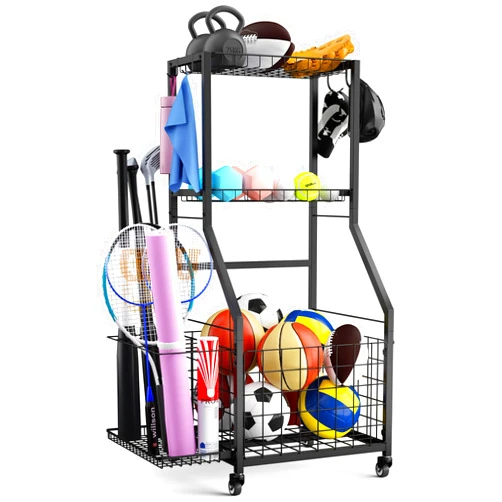 DUDUXI Sports Equipment Garage Organizer,Garage Ball Storage Rack for Sports with Wheels-Upgraded 3 Layers Garage Sports Organizer Rack Outdoor Basketball Racks for Balls with Holder and Hooks