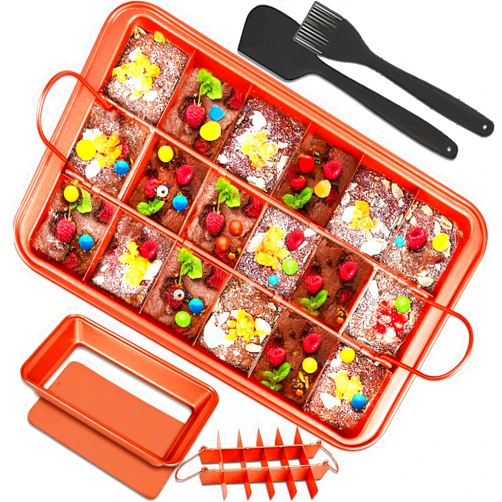 ElvesHome Brownies Pan, Brownie Pan with dividers, Nonstick Brownie Baking Pan with Slicer Cutter & Spatula & Brush, Brownie Pans, Rectangular Cake Pans All Edges Brownie Mold Tray for Baking Bread Cookie Bites