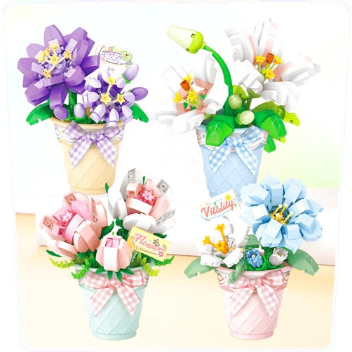 MEIEST 4 PCS Mini Flower Succulent Bonsai Building Blocks,Simulation Pot Plant Particle Botanical Collection Construction Building Bricks Toy,Home Decors (Series-2)