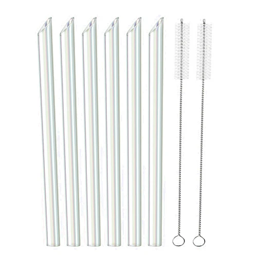 Wobye 6 Pack 9''x14mm Rainbow Color Reusable Glass Boba Straws | Colorful Straight Glass Drinking Straw for Milkshakes, Bubble Tea, Thick Smoothies, Coffee, Juices | Included 2 Cleaning Brushes