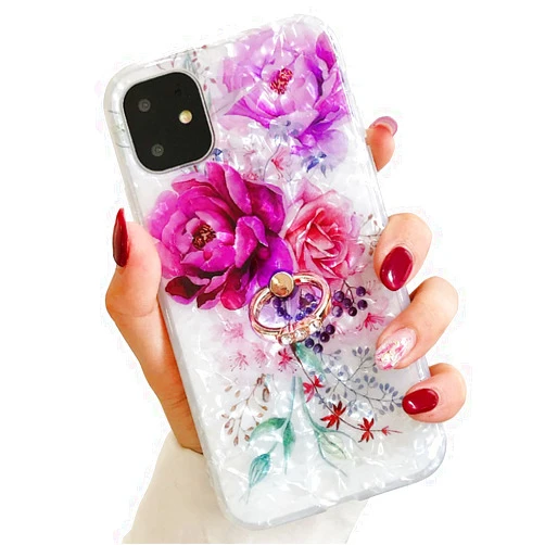 Qokey Compatible with iPhone 11 Pro Case,Floral Cute Fashion Clear for Men Women Girls with 360 Degree Rotating Ring Kickstand Soft TPU Shockproof Cover Designed for iPhone 11 Pro 5.8