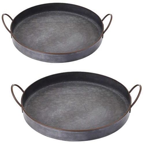 Hipiwe Set of 2 Industrial Style Metal Iron Serving Tray with Handle, Rustic Galvanized Storage Tray Round Coffee Table Home Decor Centerpiece Tray, 13.6 inch and 12.2 inch