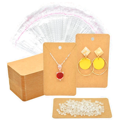 Twavang Brown Earring Cards for Selling Set with 100Pcs Earring Display Cards, 200 Pcs Earring Backs and 100Pcs Jewelry Packaging Bag for Earrings Necklace Jewelry Display (3.5