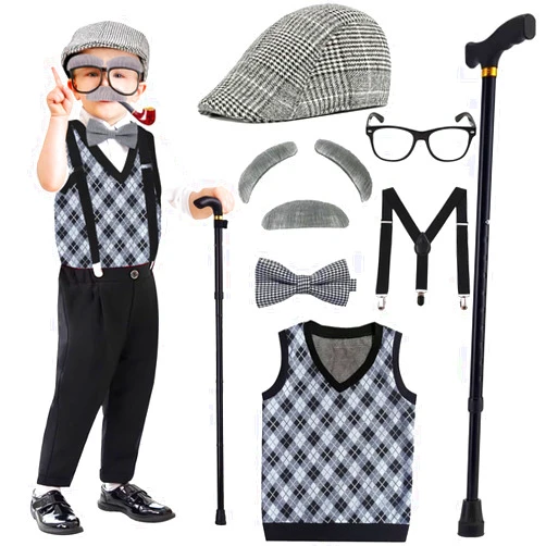 Elefama Old Man Costume for Kids Boys 100th 100 Days of School Costume Dress Up 100 Year Old Person Grandpa Costume for Boys