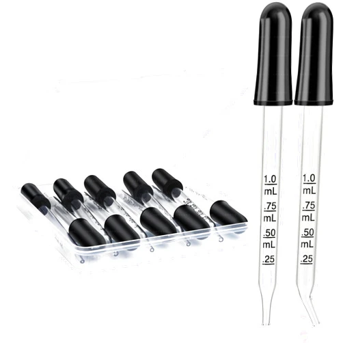 Herain Glass Pipette Dropper-10 Pack, Ear and Eye Dropper-Bent & Straight Tips, 1ml Droppers for Essential Oils, Medicine, Lab, Health Care, Crafts, Measuring and Transferring a Variety of Liquids