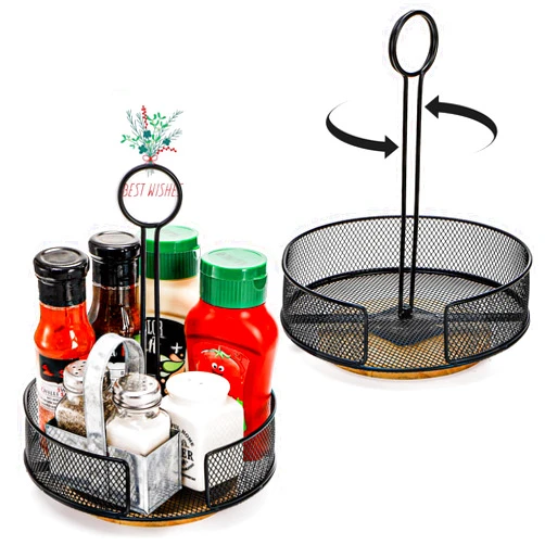 Yesland 2 Pack Metal Rotating Condiment Caddy with Number Card Holder, 7.75 Inch Round Table Caddy with Wooden Base Black Coated Table Caddies Collection for Salt Pepper Ketchup Hot Sauce Mustard