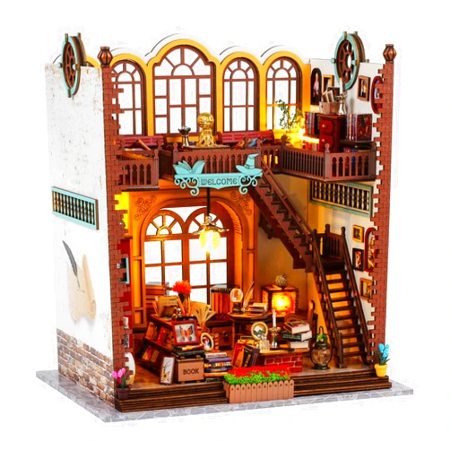 Quanquer Miniature House Kit: Magic Book Store Book Nook with Furniture and LED Light - DIY Kits for Adults - Wooden Doll House - Great Handmade Craft Model Kits - Tiny House Decor Ideal Gifts