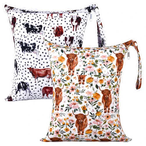 Eaxin 2pcs Cloth Diaper Wet Dry Bags Waterproof Reusable with Two Zippered Pockets Travel Beach Pool Stroller Daycare Soiled Baby Items Yoga Gym Bag for Swimsuits or Wet Clothes - Highland Cow