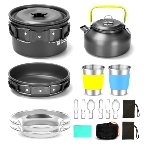 Odoland 15pcs Camping Cookware Mess Kit, Non-Stick Lightweight Pot Pan Kettle Set with Stainless Steel Cups Plates Forks Knives Spoons for Camping, Backpacking, Outdoor Cooking and Picnic