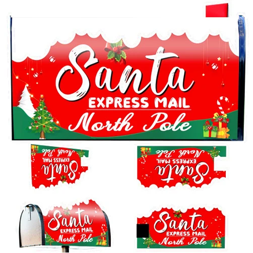Tandefio Christmas Santa Magnetic Mailbox Cover 21 x 18 Inch Standard Size Mailbox Wrap Decorative Red Post Letter Box Cover for Xmas Holiday Winter Garden Outdoor Decorations, Express Mail North Pole