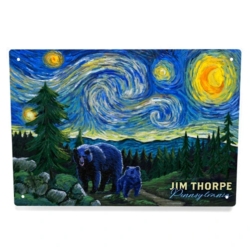 Lantern Press 6x9 Inch Metal Sign, Jim Thorpe, Pennsylvania, Starry Night, Bear and Cub