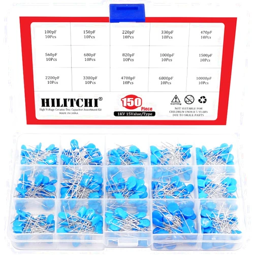 Hilitchi 150-Pcs [1KV / 100pF to 10000pF] High Voltage DIP Ceramic Capacitor Assortment Kit - 15 Value