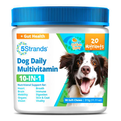 5Strands Dog Multivitamin Chews, 10-in-1, Vitamins & Postbiotics, All Ages & Breeds - Digestion, Brain, Organs, Heart, Mobility, Vision, Skin & Coat, Immune Health - Dog Supplement (Chicken, 90ct)