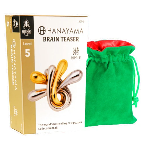 Deluxe Games and Puzzles Ripple Hanayama Puzzle, Level 5 Difficulty, New in 2024, with Green Velveteen/Red Satin Lined Drawstring Pouch