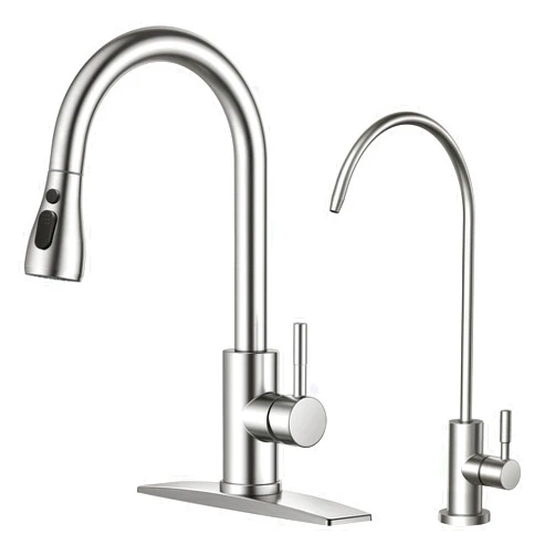 FORIOUS Kitchen Faucet and Water Filter Faucet Combo, Brushed Nickel Stainless Steel Faucet Pull Down Sprayer and Drinking Purifier Faucet Set for Kitchen Sink Bar Farmhouse Camper
