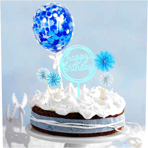 Cadpkler Blue Cake Topper -with Happy Birthday Banner Confetti Balloon Paper Fans-Birthday Decoration Party Supplies for Girls Boys Kids and Adults
