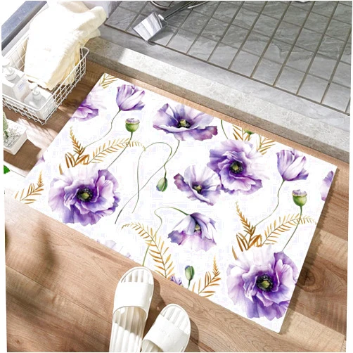 Jfniub Bath Mat Watercolor Purple Poppies Violet Flowers Bath Rug Non Slip Absorbent Mat,Bathroom Mat Soft Microfiber Memory Foam Mat for Bathtub Shower,Sink 16x24Inch