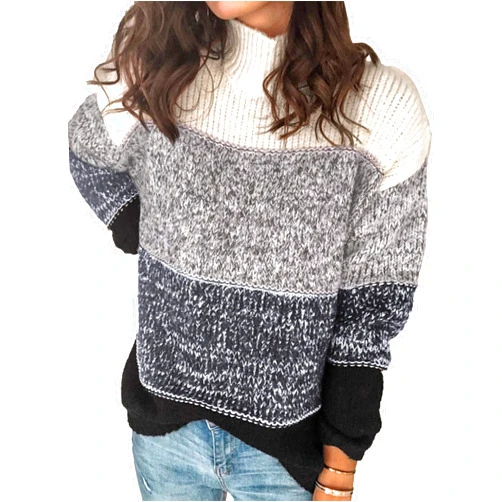 GoodFilling Women Turtleneck Sweater, Casual Long Sleeve Color Block Loose Chunky Knitted Pullover