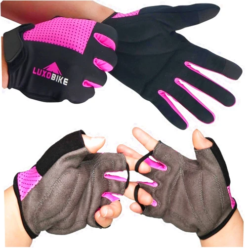LuxoBike Pink - Size Medium - 2 Pair - Half and Full Finger Cycling Gloves Bundle