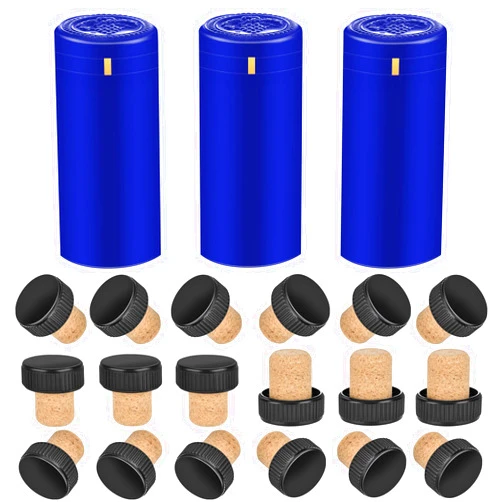 BGMAXimum PVC heat shrink capsules 40 count dark blue and 40 wine bottle cork stoppers, wine preservation set for cruise, wine seal shrink wrap sleeves caps tops wine capsules for making cellars